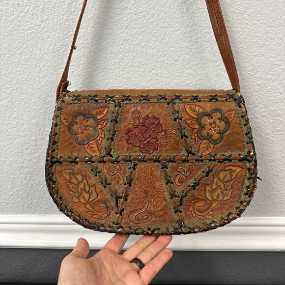 Vtg 70s Mexico Tooled Leather Stitched Patchwork Floral Hippie Boho Bag Purse - Picture 6 of 8